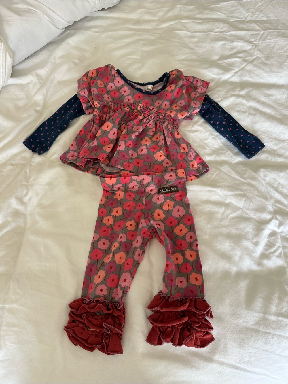 Matilda Jane Pink Floral Top and Ruffle Hem Leggings with Navy Dot Sleeves